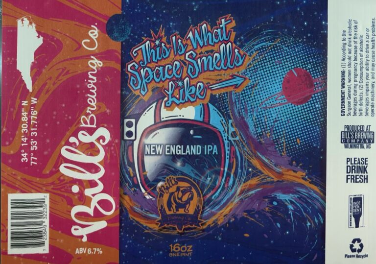 This Is What Space Smells Like beer label from Bill’s: An astronaut helmet floats in space with swirling cosmic colors and a red planet nearby.