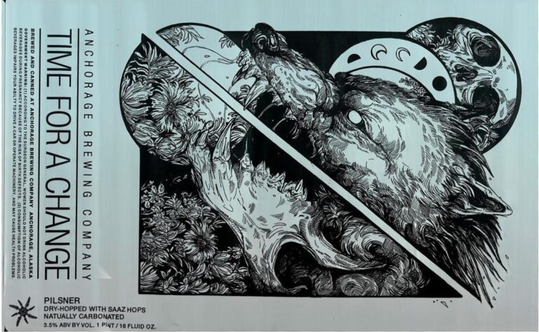 Time For A Change beer label from Anchorage: a large animal and a bird split by a diagonal line, in black on silver