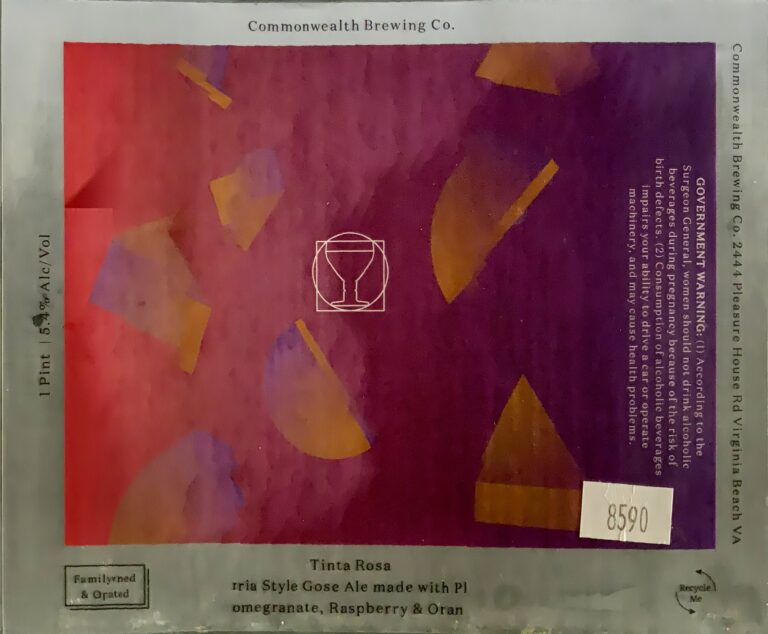 Tinta Rosa beer label from Commonwealth: Abstract geometric shapes in orange and purple float over a textured background with a central white line drawing of a goblet inside a square.