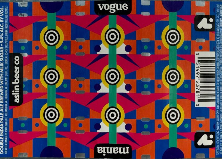 Vogue Mania beer label from Aslin: A geometric pattern of repeating concentric circles on vertical green bars against a background of red triangles and blue squares.