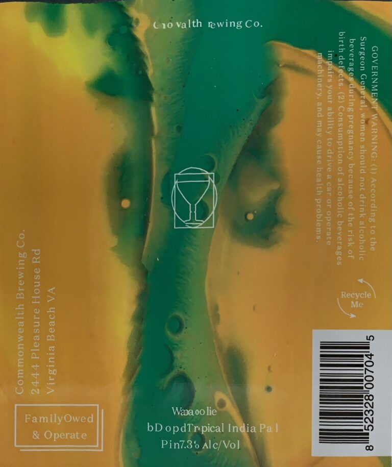 Wapatoolie beer label from Commonwealth: Abstract green and yellow fluid shapes flow vertically across a textured background with a central white line drawing of a wine glass inside a square.