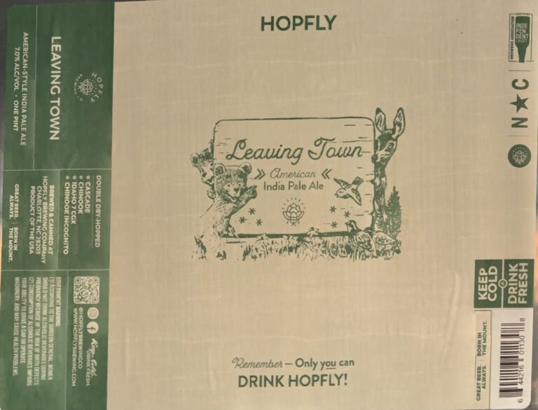 Leaving Town beer label from Hopfly: a pale green label with the hand-lettered name and line drawings