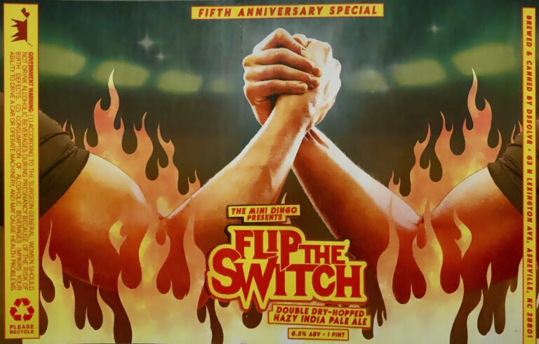 Flip The Switch beer label from DSSOLVR: Two muscular arms locked in arm-wrestling pose surrounded by stylized flames against a dark background with stars.