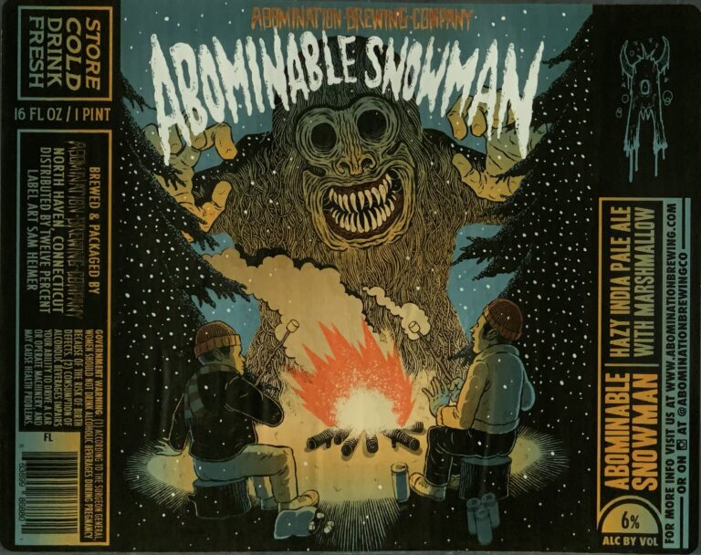 Abominable Snowman beer label from Abomination: A giant snowman with sharp teeth and clawed hands looms over a campfire where two figures sit in snowy woods.