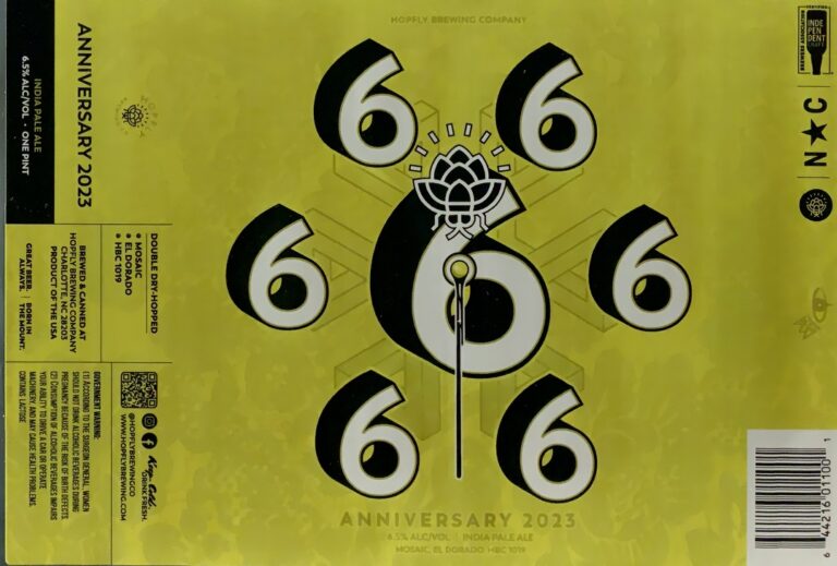 Anniversary (2023) beer label from Hopfly: A large central number '6' surrounded by six smaller '6's arranged in a circle. A lotus flower sits atop the center of the main digit.
