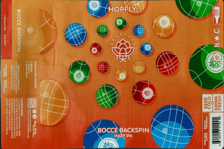 Bocce Backspin beer label from Hopfly: A flat layout of a beer label with scattered bocce balls in blue, green, red, and orange against an orange background. A white lotus flower sits at center.