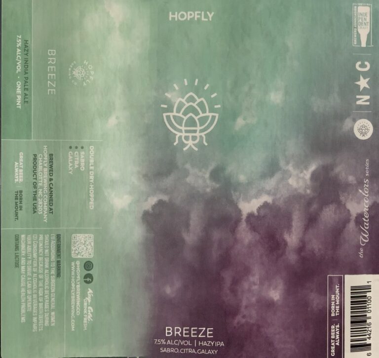 Breeze beer label from Hopfly: A white lotus flower with radiating lines sits centered on a gradient background shifting from teal-green at top to deep purple below.