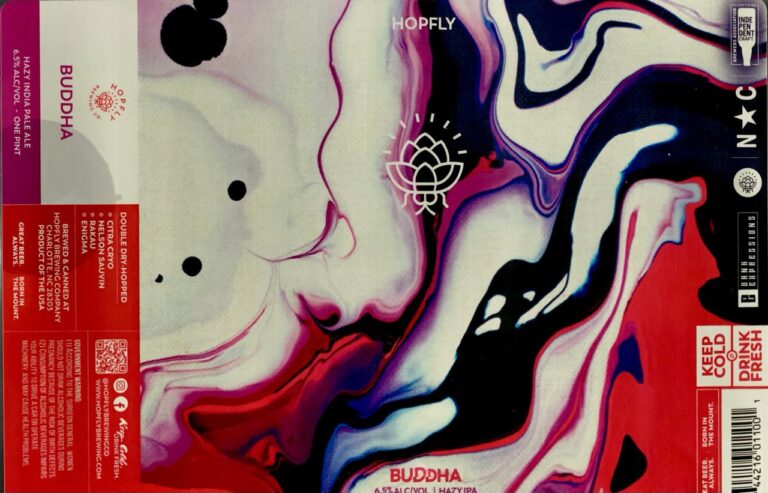 Buddha beer label from Hopfly: Abstract swirls of white, black, red, and purple flow across a marbled background with a central lotus outline.