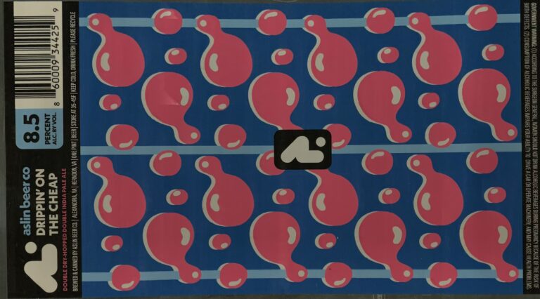 Drippin’ on the Cheap beer label from Aslin: Pink droplet shapes float across a blue background with white outlines and small circles; horizontal lines divide sections.
