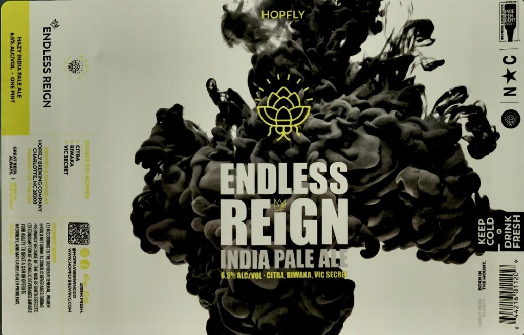 Endless Reign beer label from Hopfly: Black ink-like smoke swirls upward from bottom center; yellow lotus logo floats above bold white title 'ENDLESS REIGN' with smaller text below.