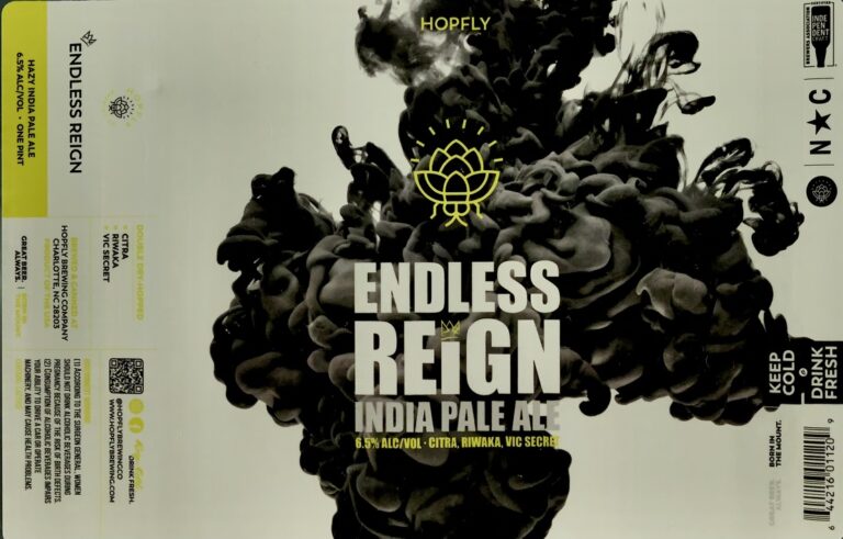 Endless Reign beer label from Hopfly: Black ink-like smoke swirls upward from bottom center; yellow lotus logo floats above bold white title 'ENDLESS REIGN' with smaller text below.