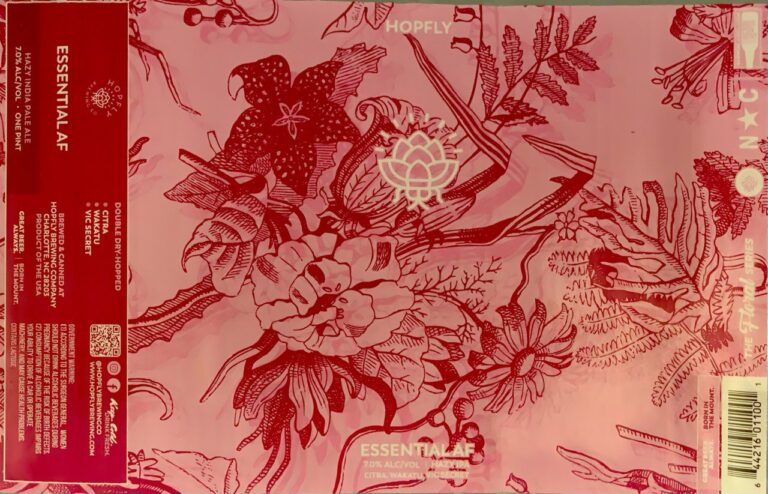 Essential AF beer label from Hopfly: A red floral and botanical illustration with large flowers, leaves, vines, and a central lotus-like emblem on a pink background.