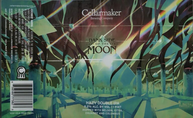 Dank Side of the Moon beer label from Cellarmaker: a fractured geometric landscape around a pale moon in teal and green