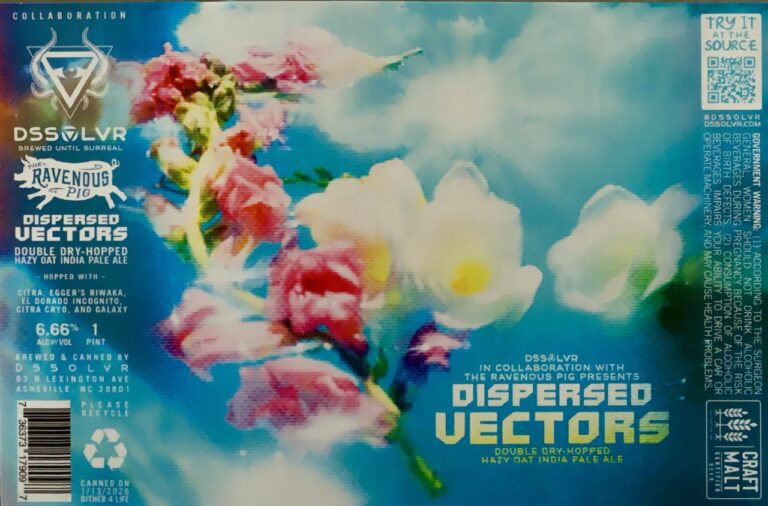 Dispersed Vectors beer label from DSSOLVR: Soft-focus flowers in pink and white float against a cloudy blue sky with green stems.