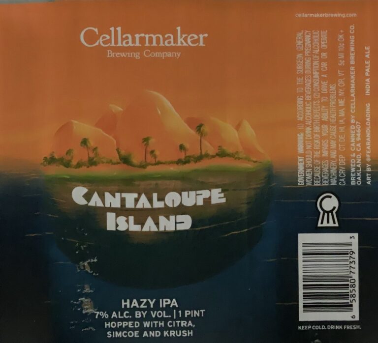 Cantaloupe Island beer label from Cellarmaker: A floating island with palm trees under an orange sky above dark water.