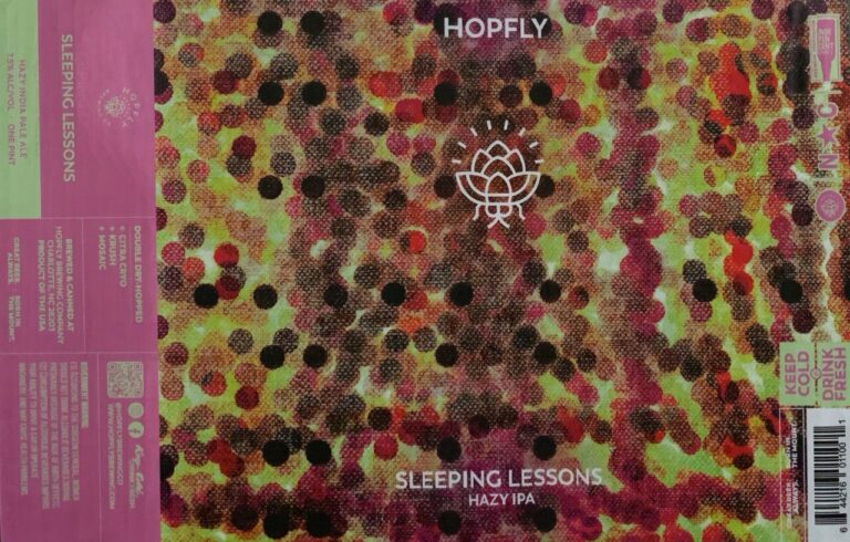 Sleeping Lessons beer label from Hopfly: A white line drawing of a stylized lotus flower with radiating lines sits centered on a background of multicolored dots in red, brown, green and yellow.
