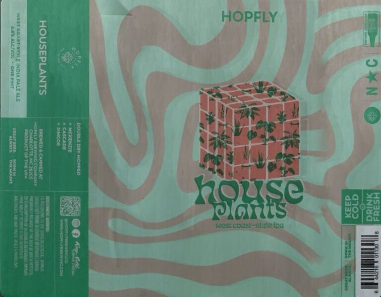 Houseplants beer label from Hopfly: A red cube with green plant patterns sits on a background of wavy pink and mint lines.