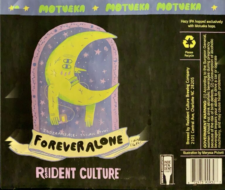 Forever Alone: Motueka beer label from Resident Culture, artwork by Maryssa Pickett