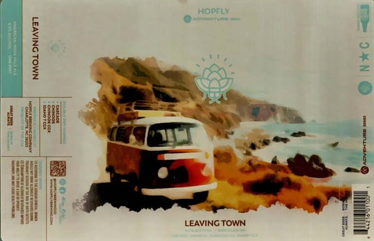 Leaving Town beer label from Hopfly: a painted camper van on a cliff above the sea