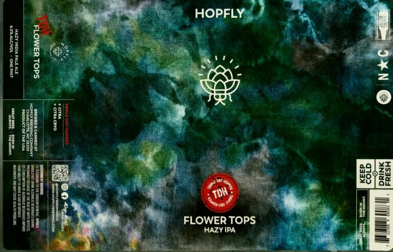 TDH Flower Tops beer label from Hopfly: Abstract tie-dye background of swirling greens and blues with a white lotus-like flower logo centered above red circular TDH seal.