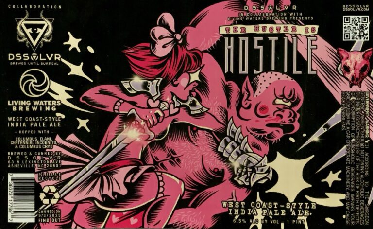 The Hustle Is Hostile beer label from DSSOLVR & Living Waters: A pink-skinned figure with a bow wields glowing swords against a red demon-like creature in an action scene.