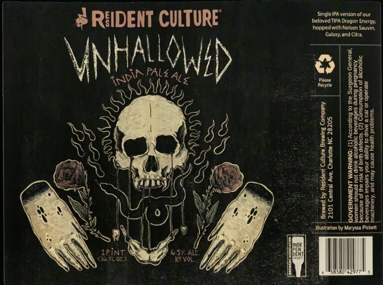 Unhallowed beer label from Resident Culture, artwork by Maryssa Pickett