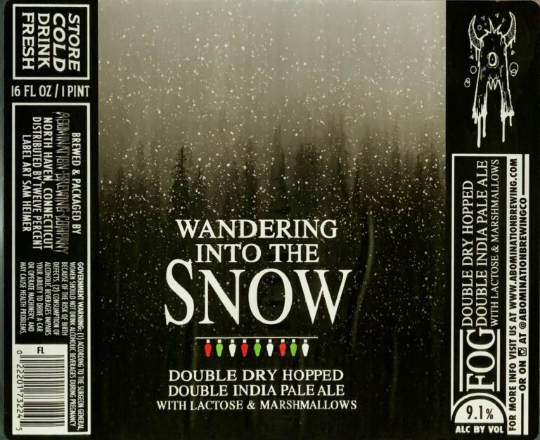 Wandering Into the Snow beer label from Abomination: A dark forest scene with falling snowflakes; tall trees stand in misty fog under a gray sky.