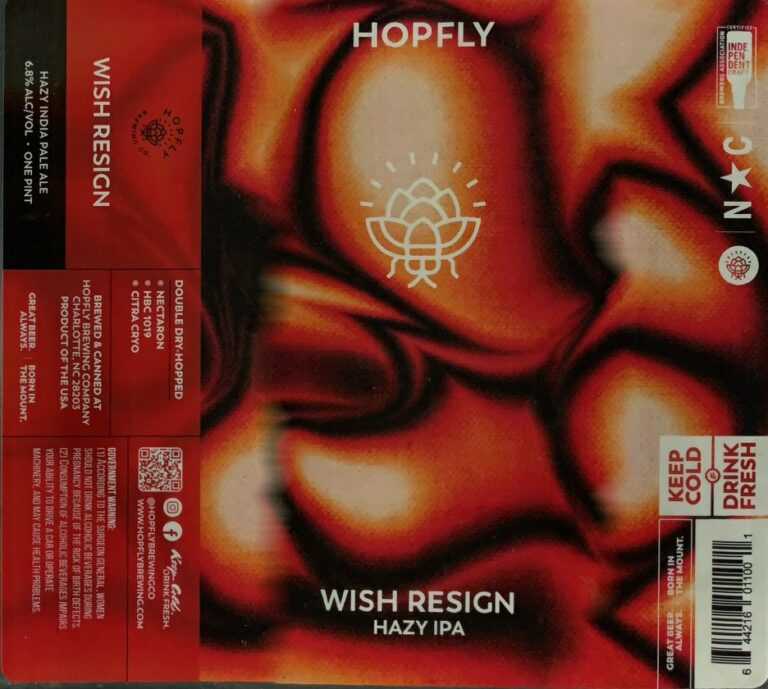 Wish Resign beer label from Hopfly: Abstract red and orange shapes swirl around a white lotus flower with radiating lines at center.