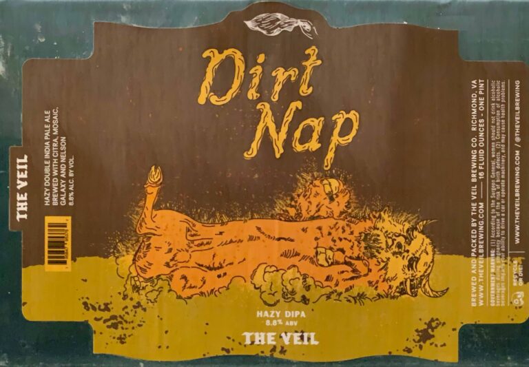 Dirt Nap beer label from The Veil: a fallen log with a sleeping figure in orange on a brighter green and yellow label