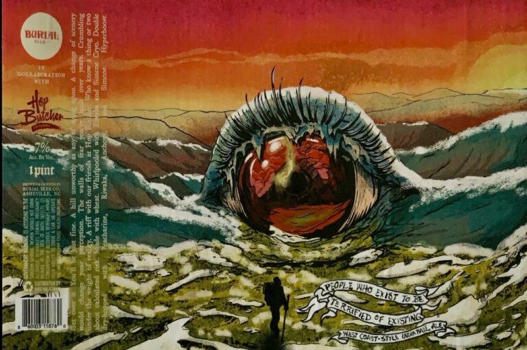 People Who Exist To Be Terrified of Existing beer label from Burial & Hop Butcher For The World, artwork by David Paul Seymour