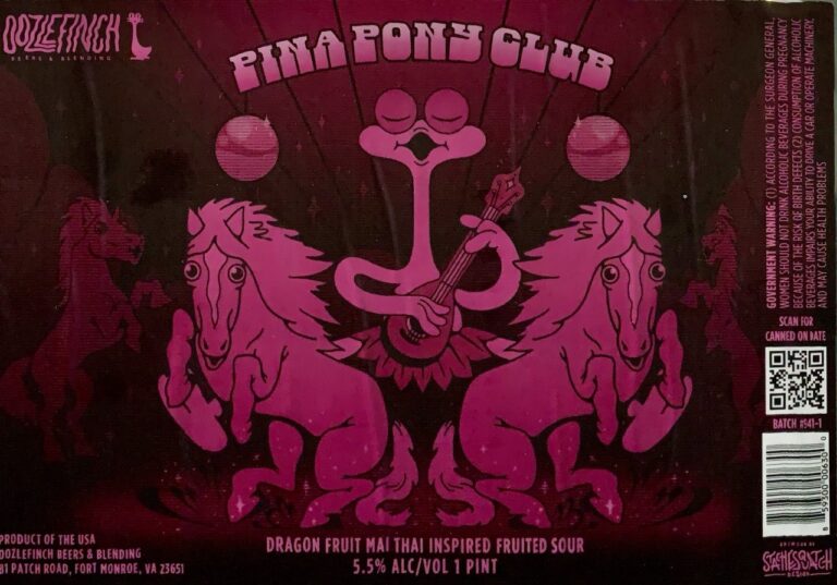 Pink Pony Club beer label from Oozlefinch: A pink pony-like creature plays a guitar between two rearing horses under disco balls in a dark setting.