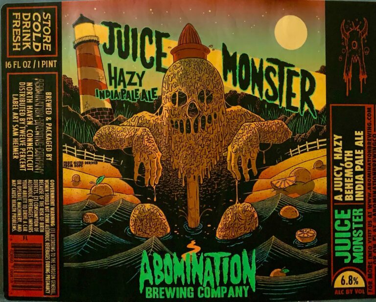 Abomination Brewing Company Juice Monster label art with orange melting lighthouse monster under a moonlit sky