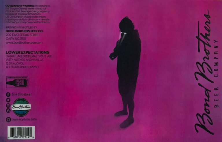 Lower Expectations beer label from Bond Brothers: A dark silhouette of a person standing in profile against a solid pink background.