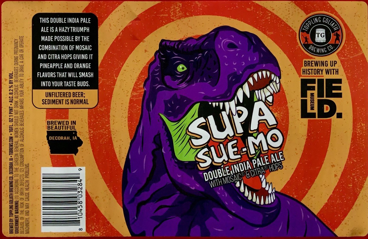 Toppling Goliath Supa' Sue-Mo purple dinosaur label artwork