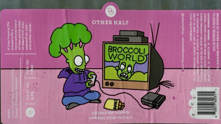 Other Half Broccoli World pink label art with broccoli character watching a Broccoli World TV screen