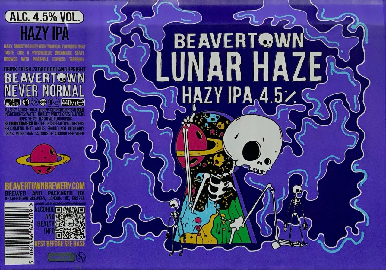 Beavertown Lunar Haze Hazy IPA label artwork with purple space skeleton illustration