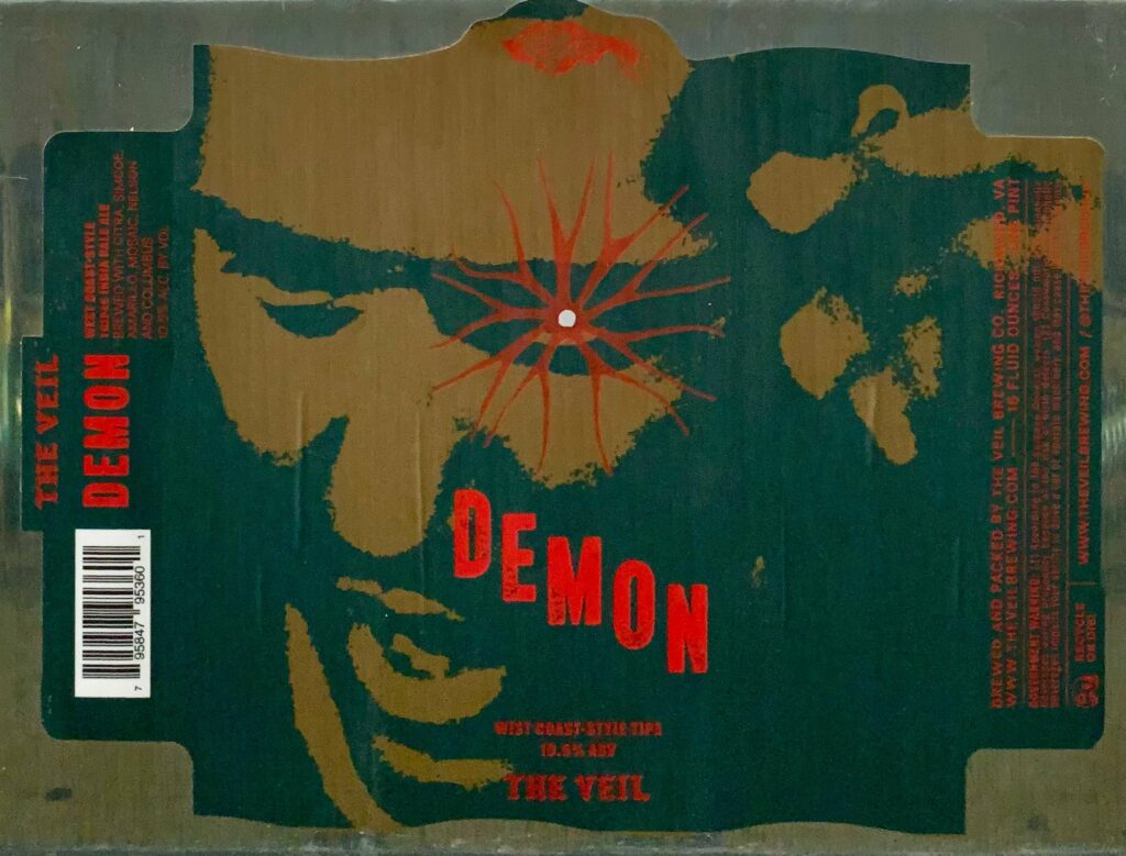 The Veil Demon teal and gold label panorama with red DEMON lettering