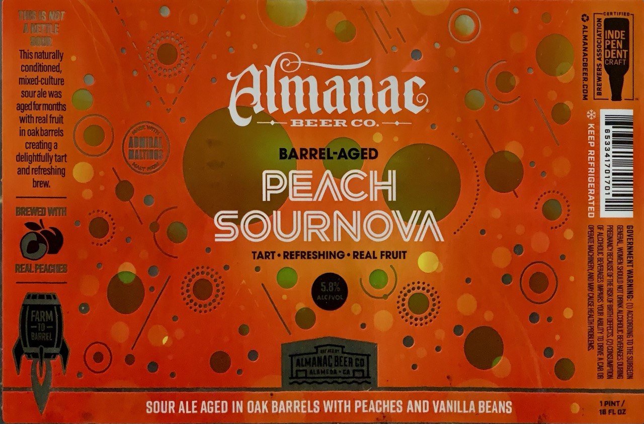 Almanac Peach Sournova barrel-aged sour ale label panorama