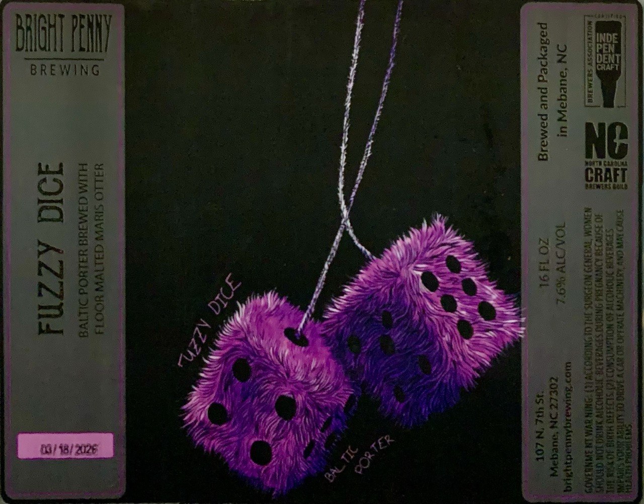 Bright Penny Fuzzy Dice Baltic porter label with purple fuzzy dice