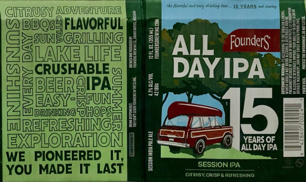 Founders All Day IPA 15 Years label panorama with red wagon artwork