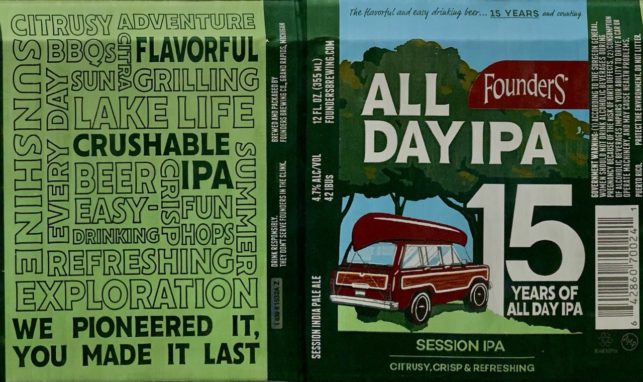Founders All Day IPA 15 Years label panorama with red wagon artwork