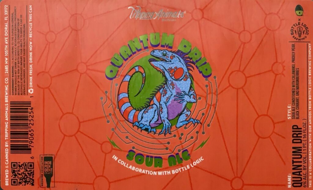 Tripping Animals and Bottle Logic Quantum Drip orange sour ale label panorama with blue lizard