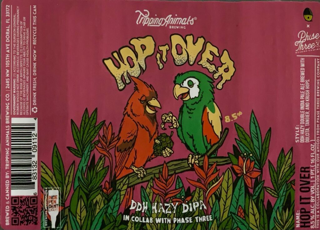 Hop It Over magenta label with a red cardinal and green parrot exchanging hops