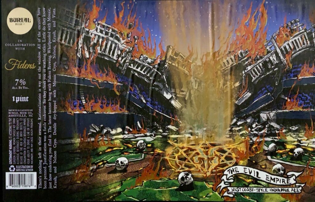 Burial and Fidens The Evil Empire burning city label panorama by David Paul Seymour