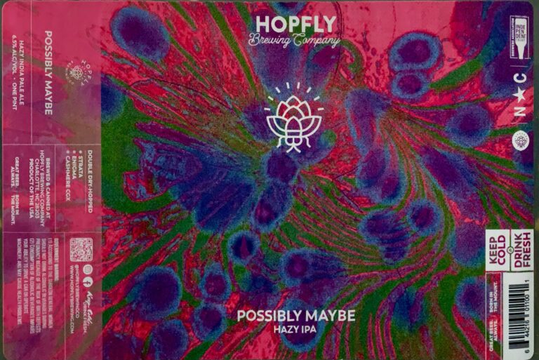 Possibly Maybe beer label from Hopfly: Abstract peacock-feather-like swirls in purple and blue over a red background with green streaks.