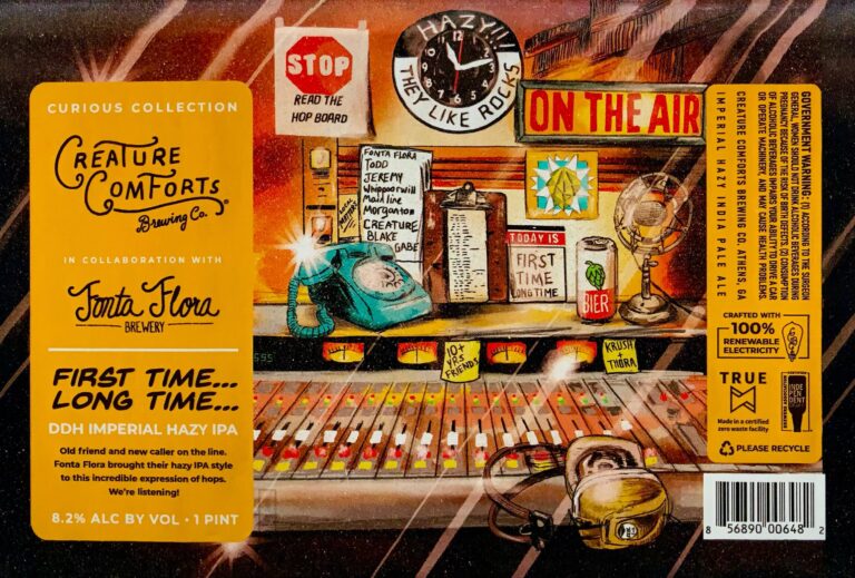 First Time Long Time illustrated radio studio beer label