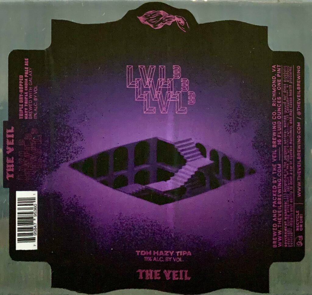The Veil LVL cubed black and purple label panorama with an impossible staircase structure
