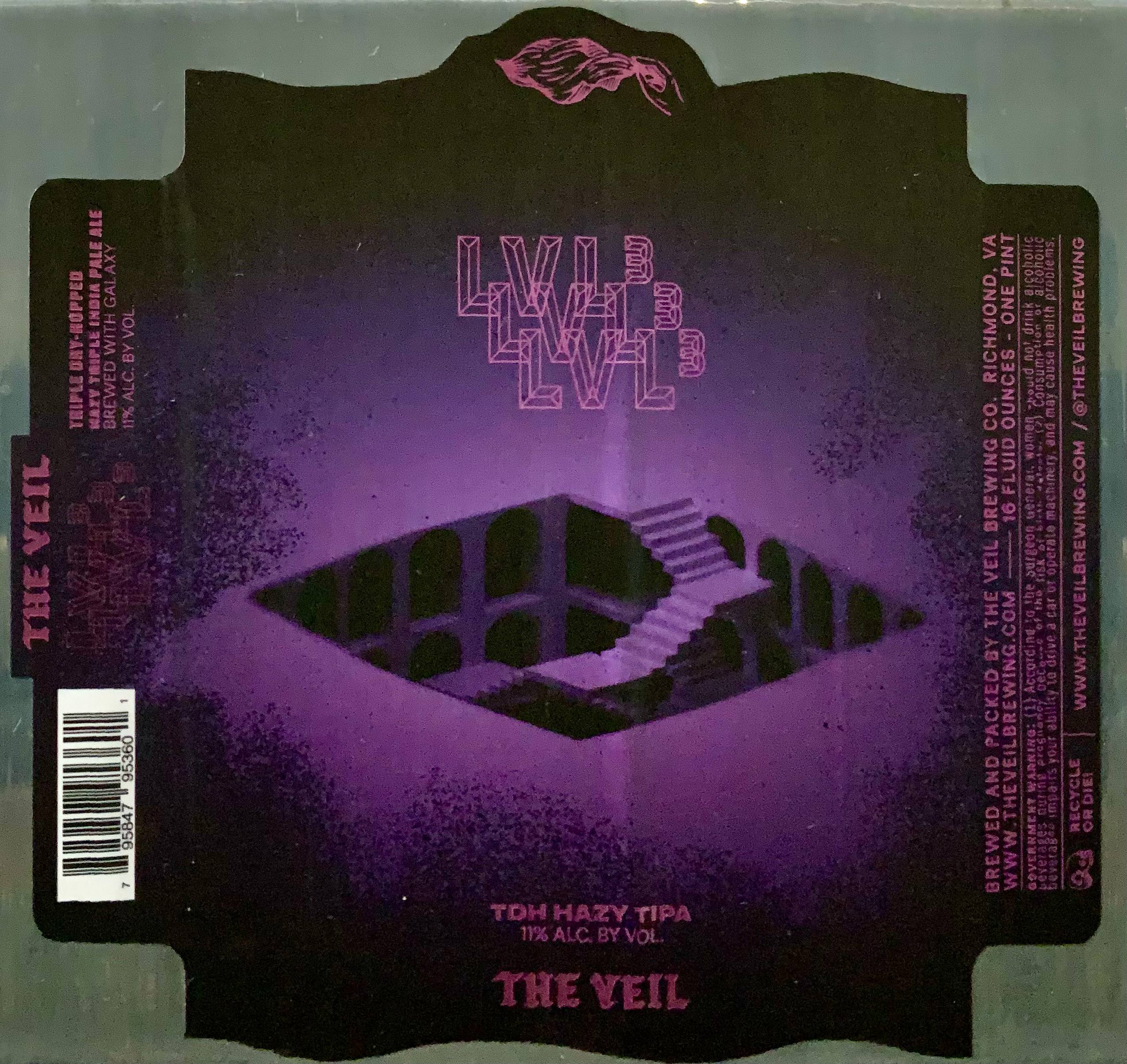 The Veil LVL cubed black and purple label panorama with an impossible staircase structure
