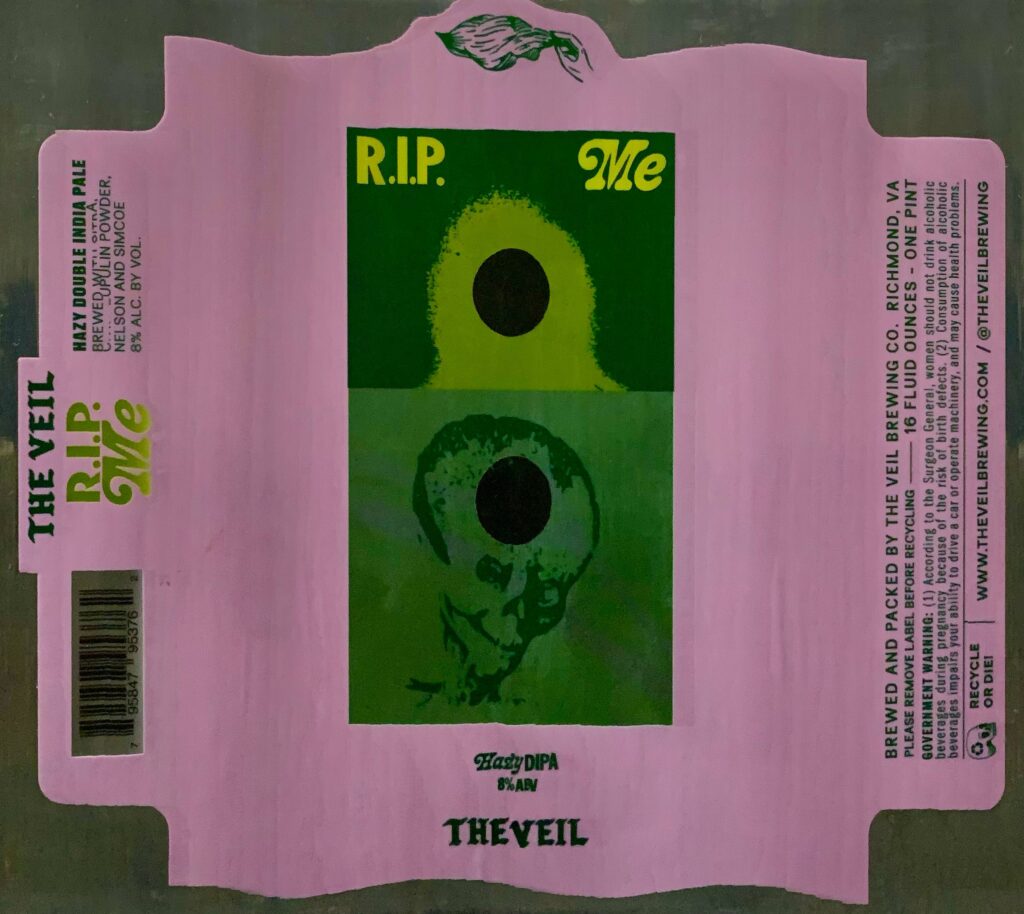 The Veil R.I.P. Me pink avocado and skull beer label artwork