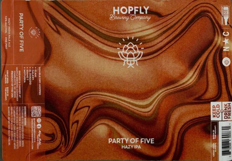 Hopfly Party of Five flowing rust orange and brown abstract label artwork